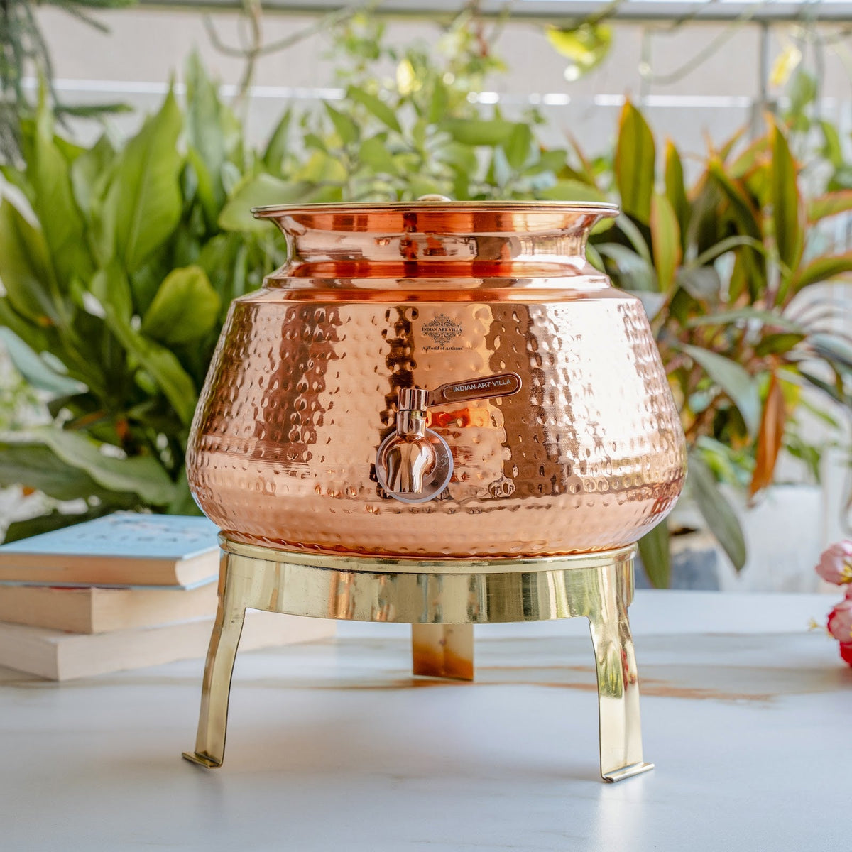 Pure Copper Water Dispenser Matka with Lid & Stand | Hammered Design 6500 ML