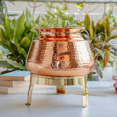 Pure Copper Water Dispenser Matka with Lid & Stand | Hammered Design 6500 ML
