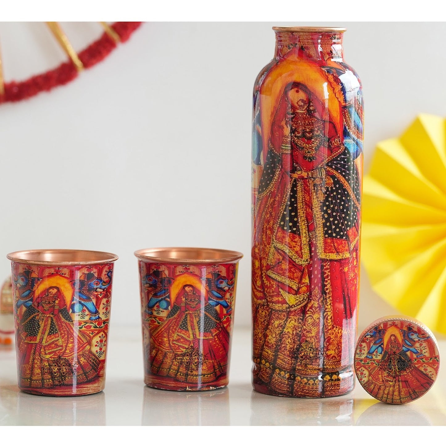 Rajasthani Meena "Padharo Mhare Desh" Printed Copper Bottle & Glass Set