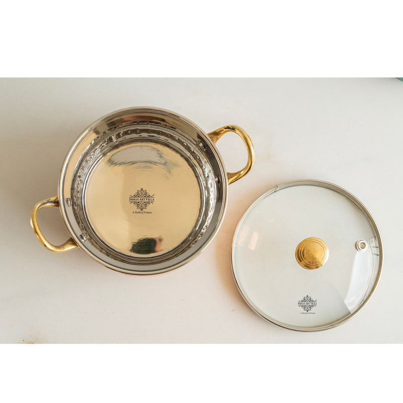 Indian Art Villa, Copper Handi Hammered Design Bowl with Glass Lid Brass Knob &  Handles   – 950 ML,  Tableware & Serveware