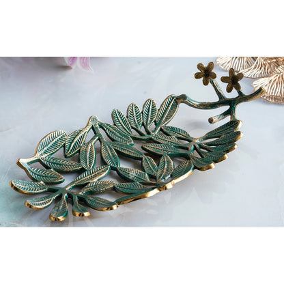 Brass Finish Green Banana Leaf Design Decorative Tray – 40 cm, Elegant Oval Shaped Centerpiece for Home Décor And Table Decoration