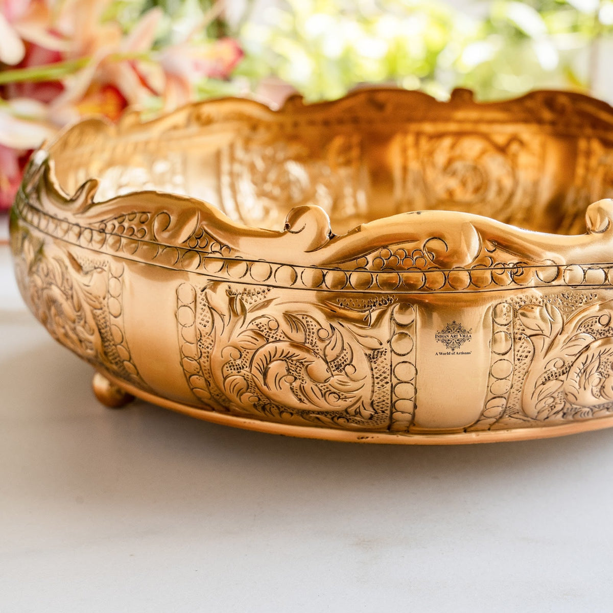 Pure Brass Embossed Scalloped Urli with Lotus Design