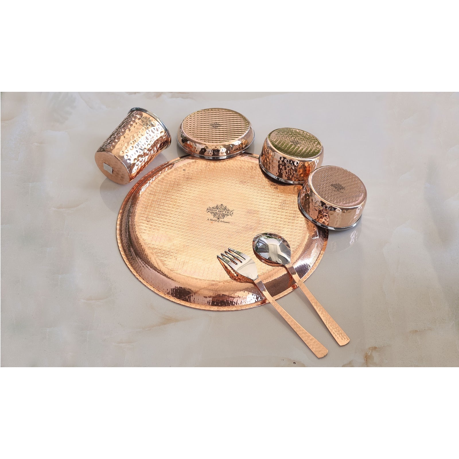 Steel Copper Hammered Design 7 Pieces Dinner Set/Thali Set of 1 Thali, 1 Glass, 1 Spoon, 1 Fork, 1 Small Plate & 2 Bowls, Dinnerware, Tableware Or Crockery