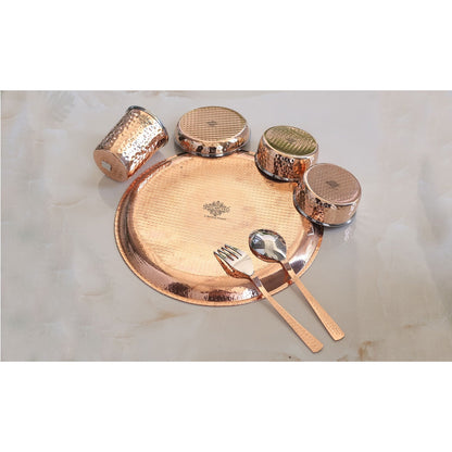 Steel Copper Hammered Design 7 Pieces Dinner Set/Thali Set of 1 Thali, 1 Glass, 1 Spoon, 1 Fork, 1 Small Plate & 2 Bowls, Dinnerware, Tableware Or Crockery
