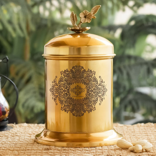 Brass Embossed Dign Jar with leaf knob on lid, Brass Decorative Storage Box