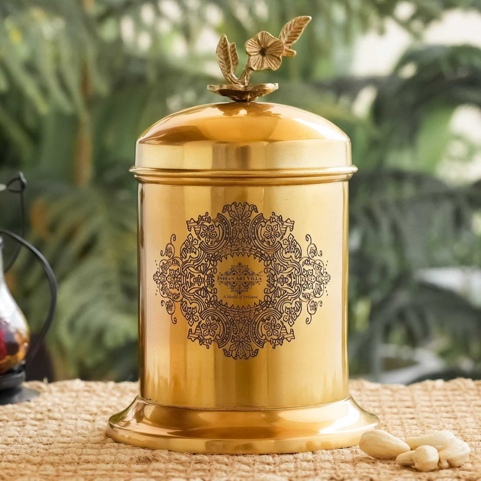 Brass Embossed Dign Jar with leaf knob on lid, Brass Decorative Storage Box