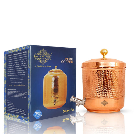 Handmade Pure Copper Hammered Water Dispenser Pot with Brass Knob