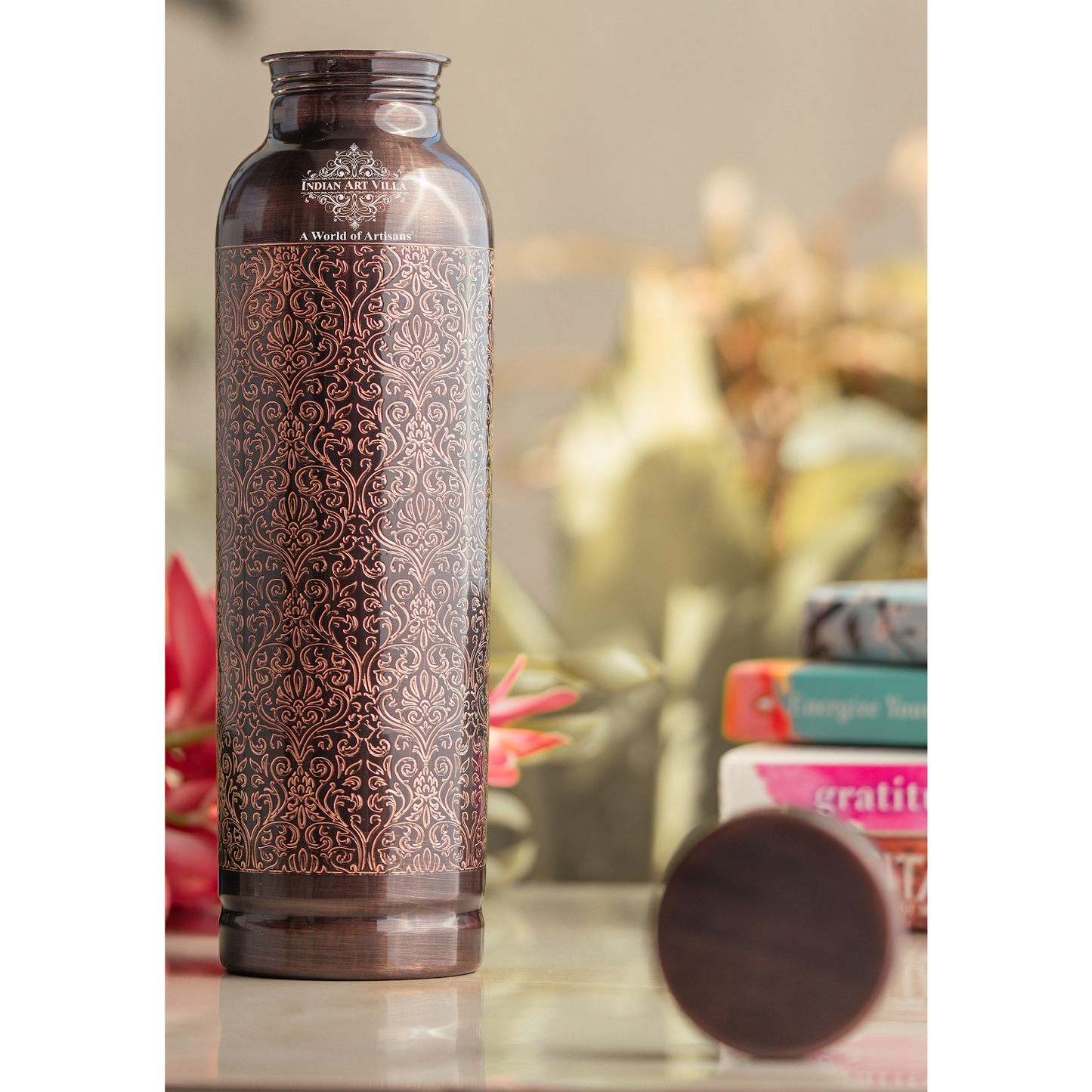 Pure Copper Drinkware Bottle with Antique Dark Embossed Design – 900 ML