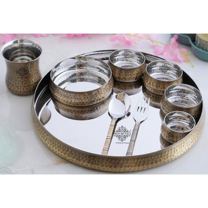 Steel Brass Curve Thali Set 9 Piece, Hammered Antique Finish Design Dinner Set