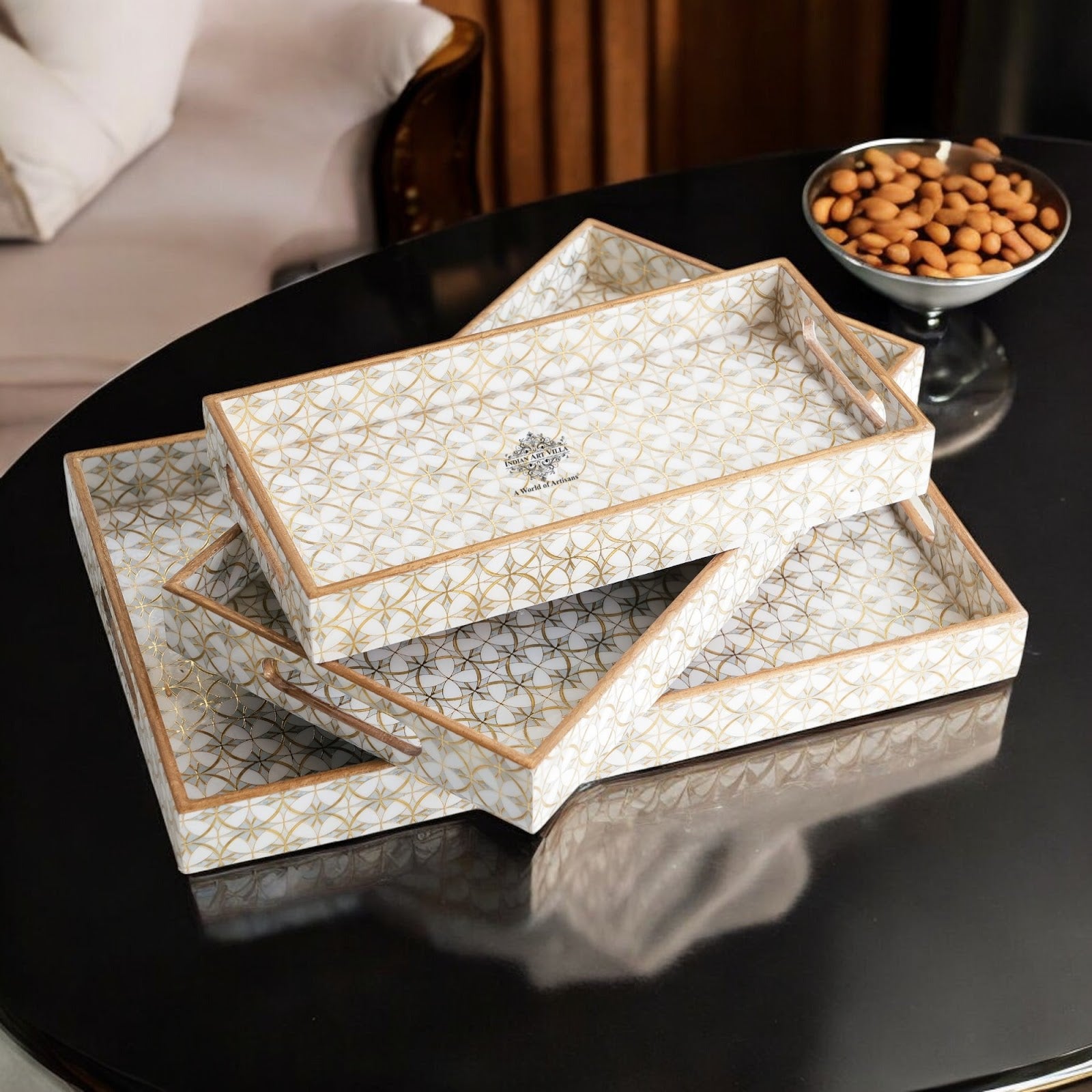 Wooden Tray Set of 3  Handcrafted Multipurpose Decorative Serving Platters