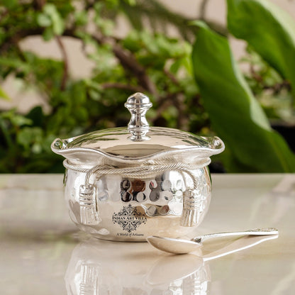 Silver-Plated Hammered Bowl with Lid & Spoon - Elegant Gift Box Set for Special Occasions