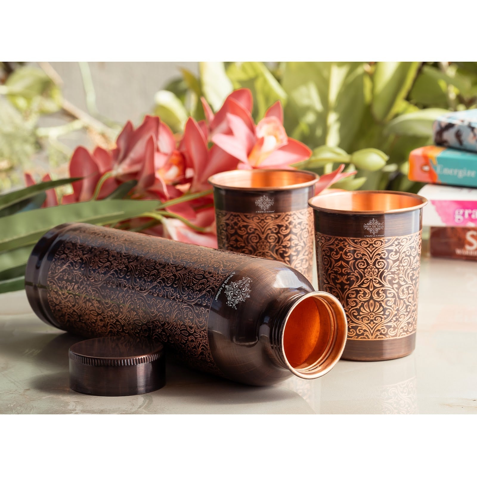 Antique Embossed Copper Bottle Gift Set – Includes 1 Designer Copper Bottle & 2 Matching Glasses | Ideal for Daily Use, Ayurvedic Health Benefits, Office Desk, Home Décor & Festive Gifting-1450 ML
