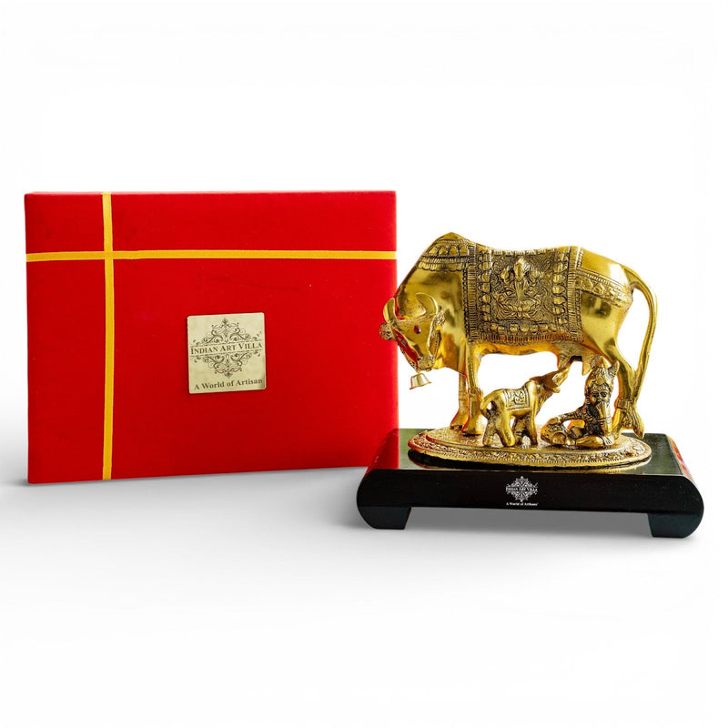 Brass Finish Kamadhenu Cow With Calf & Kanha JI