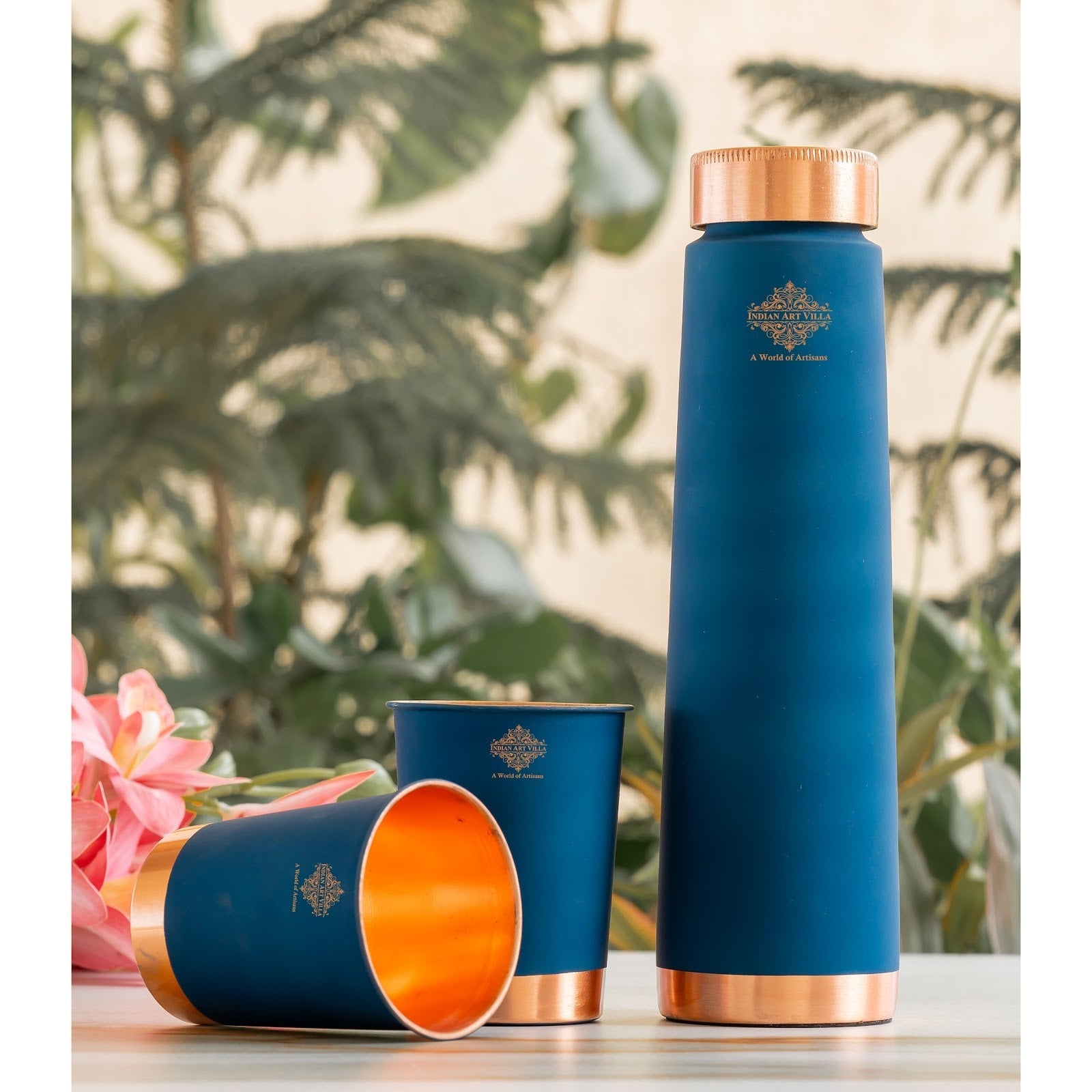 Pure Copper Bottle And Glass Set With Silk Finish Pyramid Design