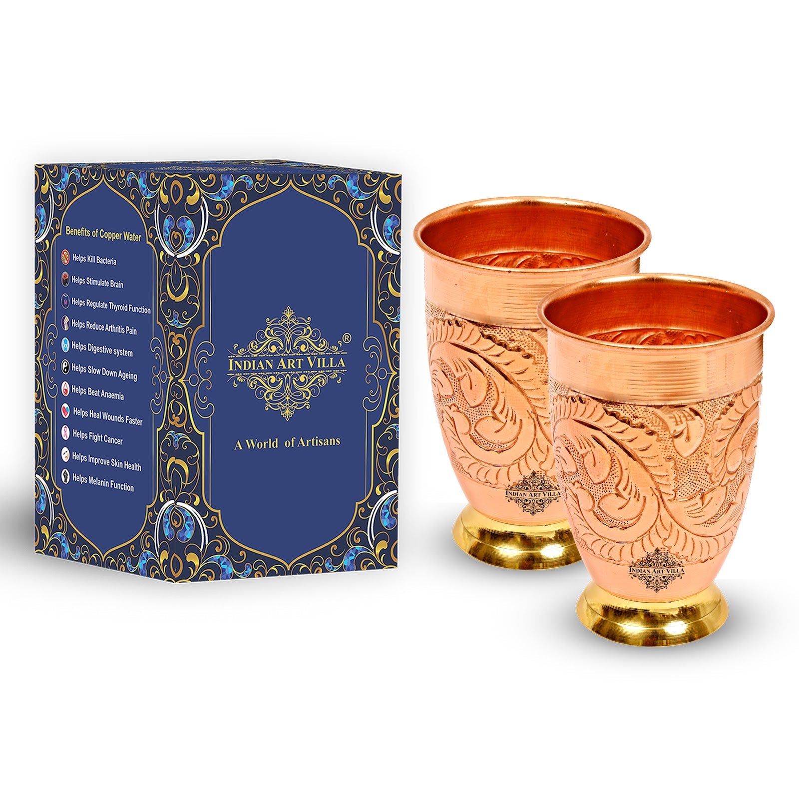 Handcrafted Pure Copper Embossed Design Glass With Brass Bottom