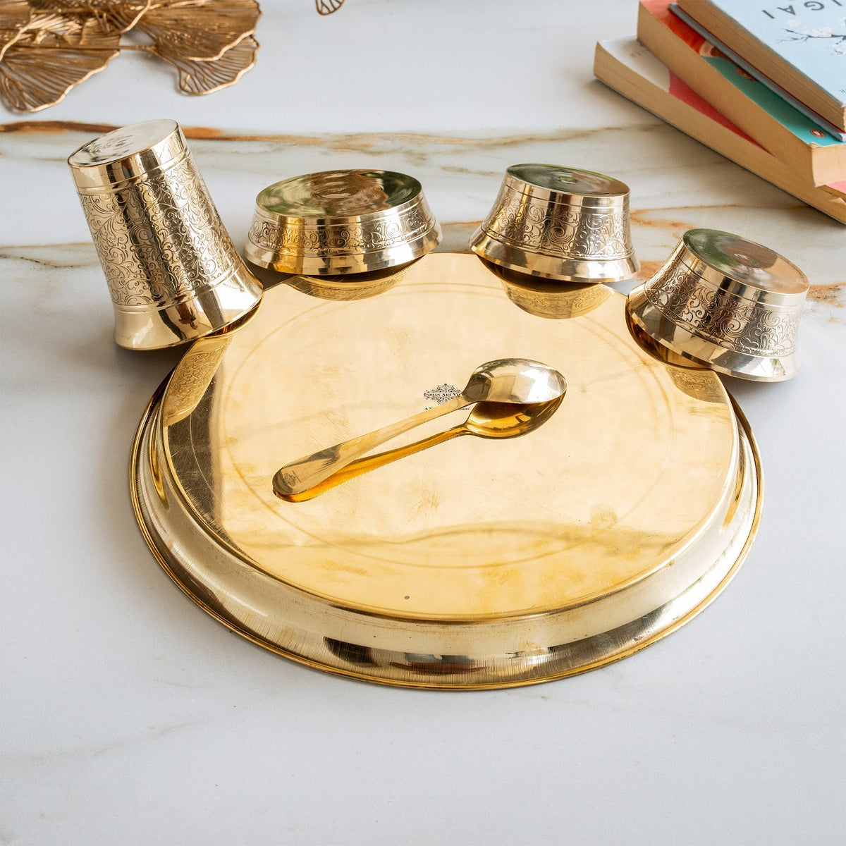 Solid Brass Dinner Set 6Pc - Thali, 2 Bowls, Plate, Spoon, Glass