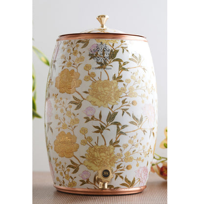 Handcrafted Pure Copper Water Pot with Gold Print Design, Ayurveda Water Vessel, 10 Ltr.