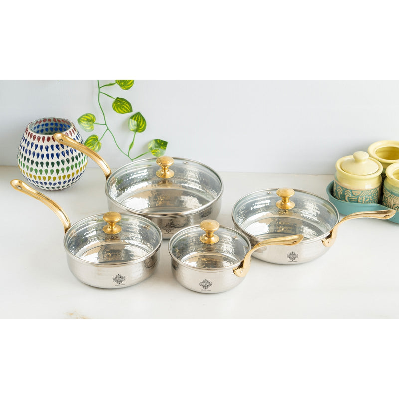 Stainless Steel Hammered Serving Fry Pan with Brass Handle and Glass Lid