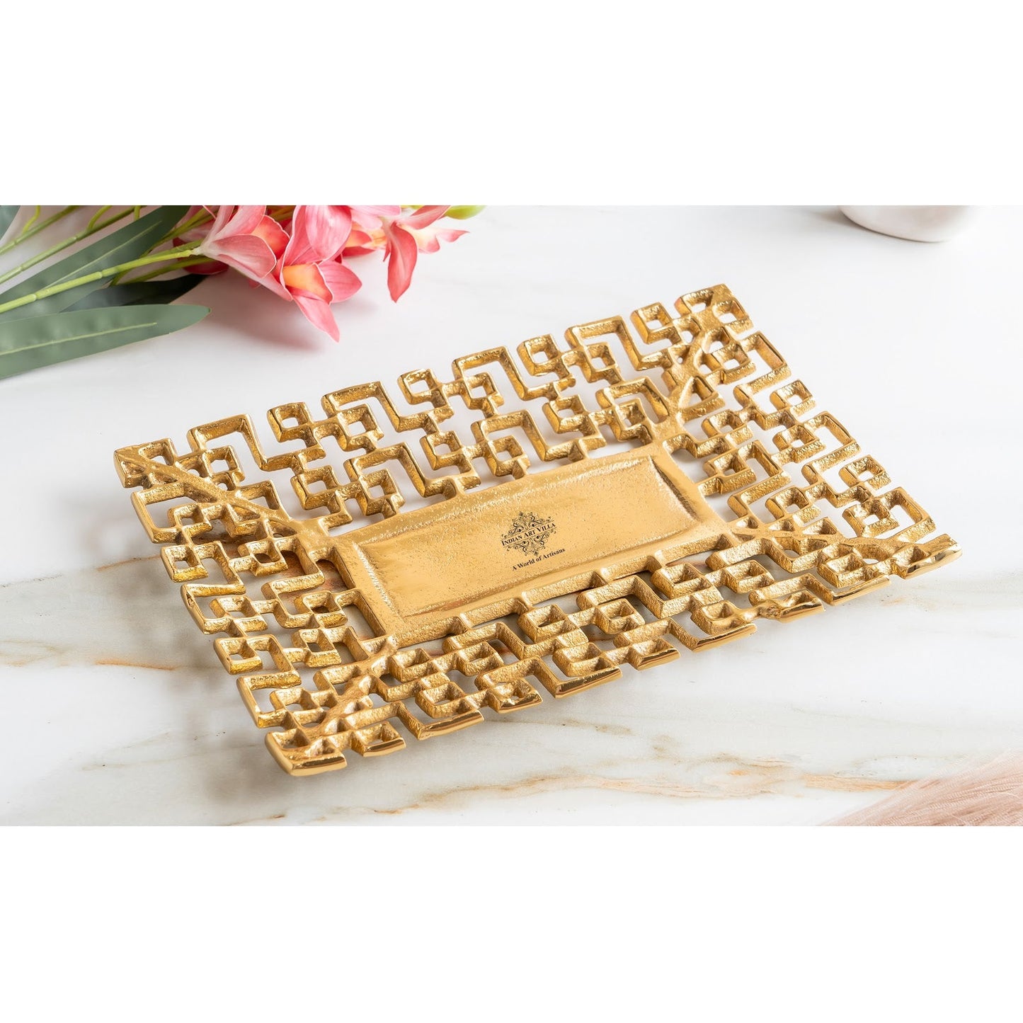 Gold Finish Antique Lacquer Matte Square Decorative Item Design Tray, Elegant For Home Decor