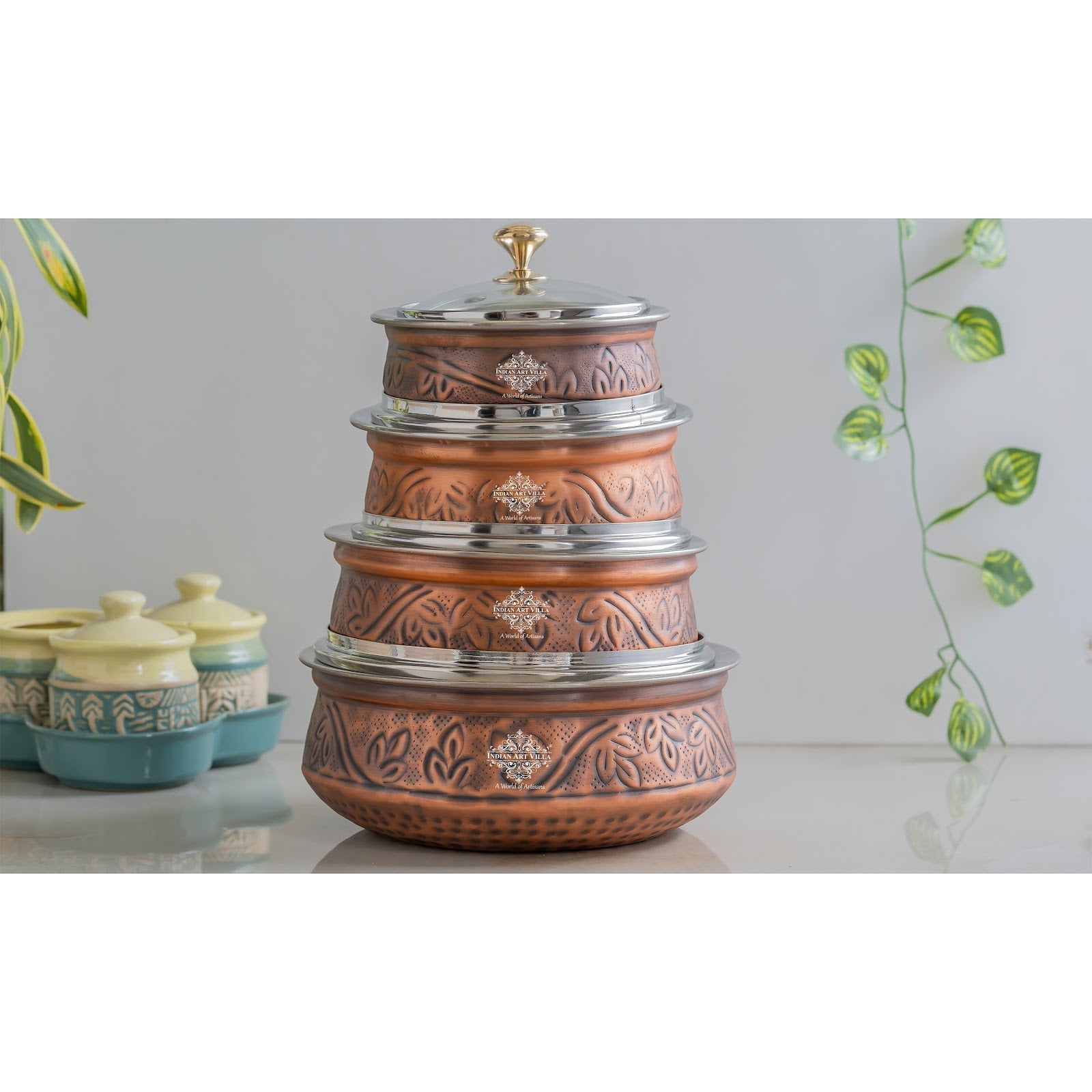 Premium Steel Copper Handi with Antique Finish, Intricate Embossed Design, and Glass Lid - Perfect for Serveware And Tableware.