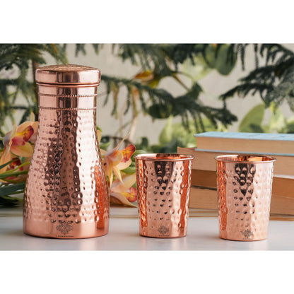 Pure Copper Drinkware Gift Set – Hammered Design, Water Bottle (900 ML) & 2 Glasses (275 ML) Set