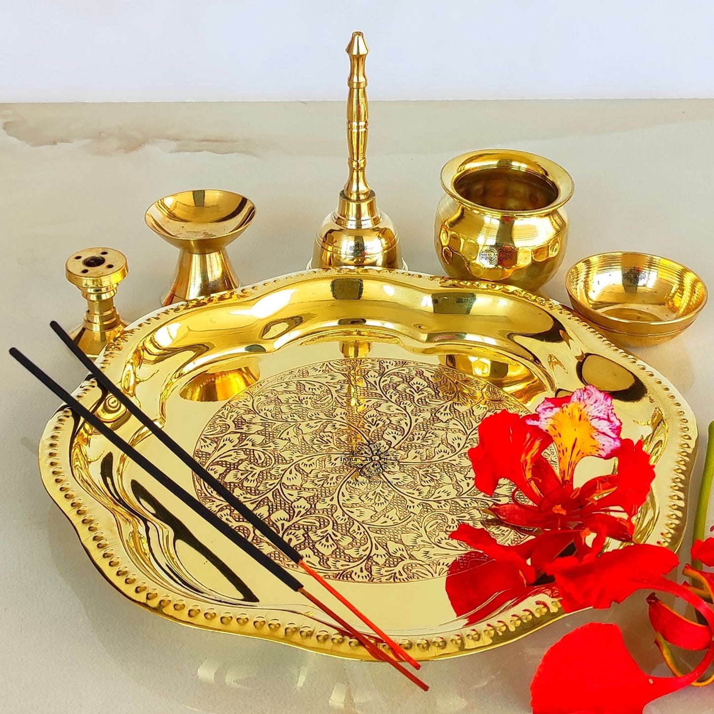 Brass Floral Embossed Design 6 Pieces Pooja Thali Set, Religious Spiritual Item, Home Temple, Width-20.83 cm