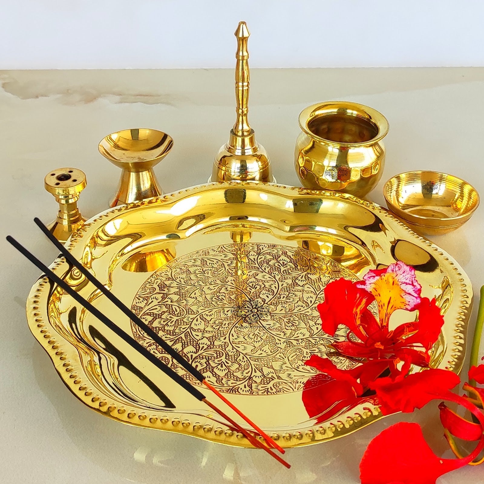 Brass Floral Embossed Design 6 Pieces Pooja Thali Set, Religious Spiritual Item, Home Temple, Width-20.83 cm