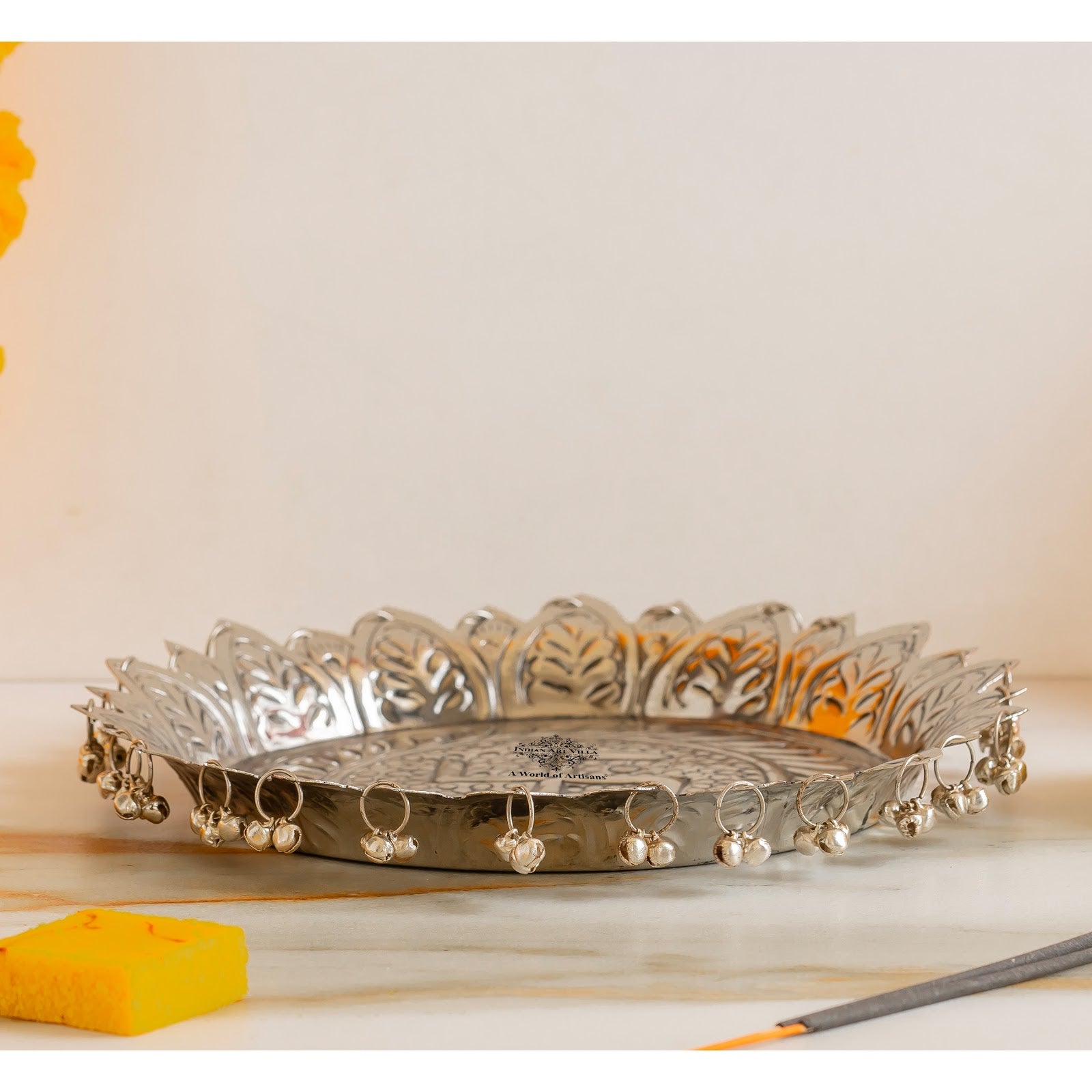 Silver Plated Pooja Thali Intricate Floral Pattern - Lightweight & Durable