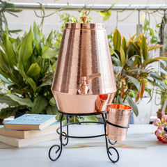 Copper Water Pot with Embossed Design,With Stand & Glass Pyramid shape - 5 Litre