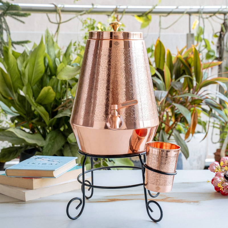Copper Water Pot with Embossed Design,With Stand & Glass Pyramid shape - 5 Litre