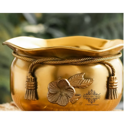Brass Decorative Handi with Lid Neck Ribbon Bow Design  3 Legs