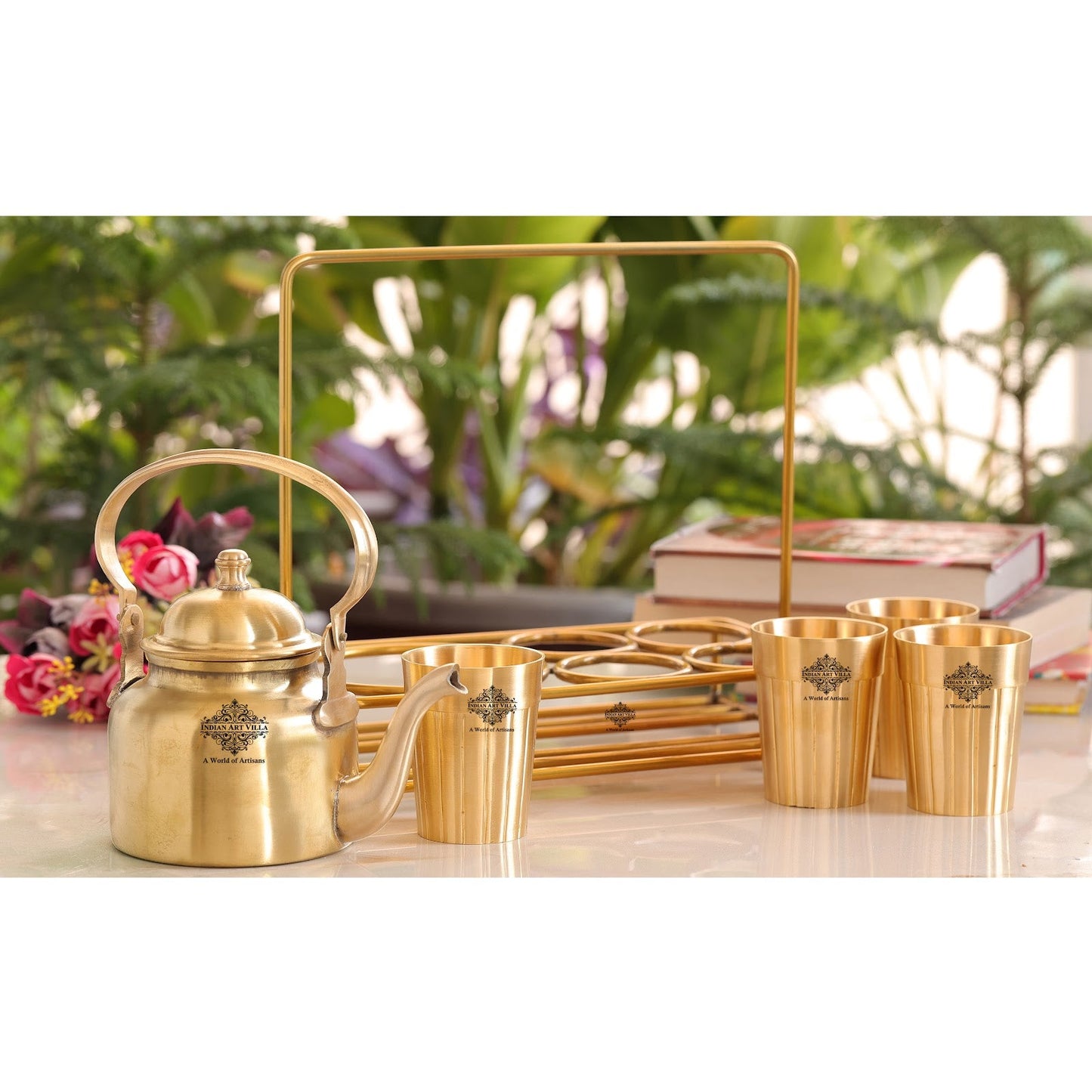 Handmade Pure Brass Tea Kettle with 4 Brass Tea Cups with Serving Stand