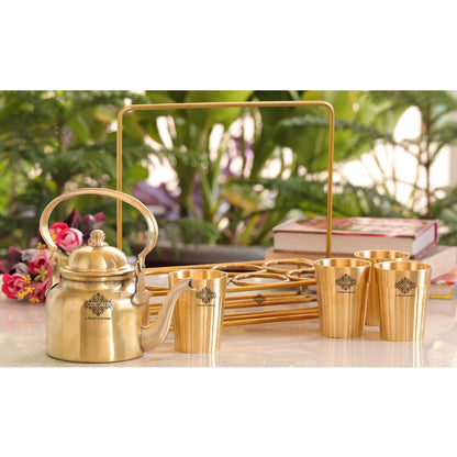 Handmade Pure Brass Tea Kettle with 4 Brass Tea Cups with Serving Stand