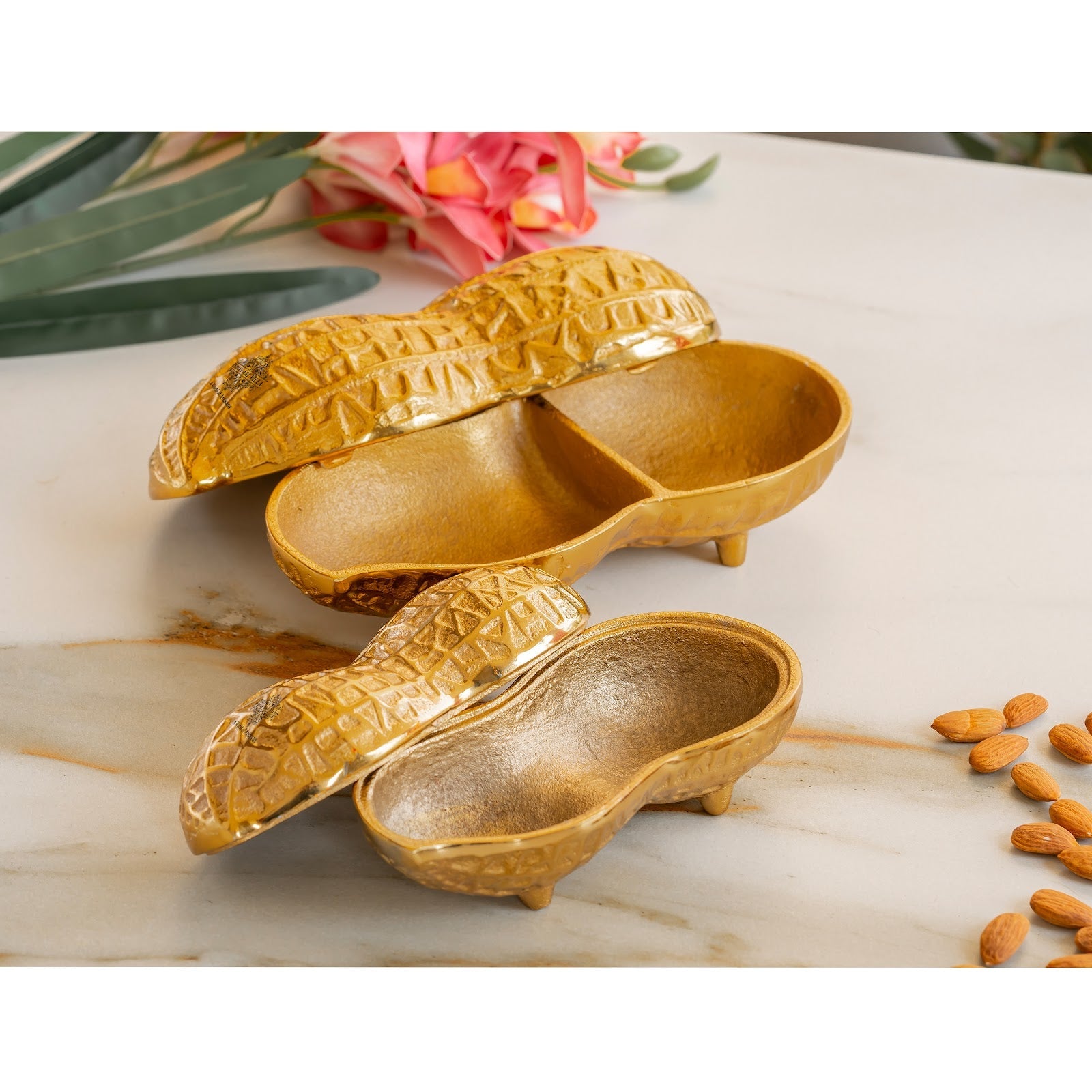 Gold Finish Peanut Design Decorative Box, Unique Storage for Dry Fruits