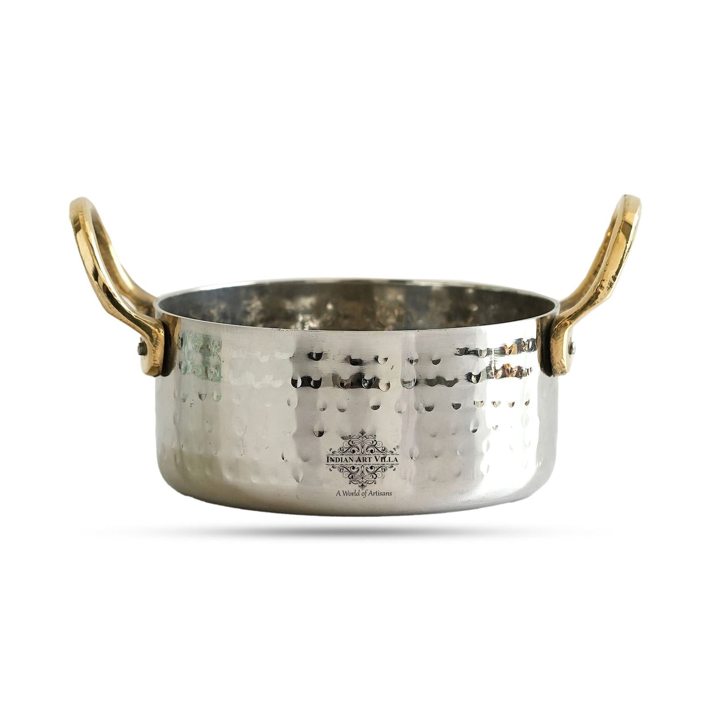 Stainless Steel Serving Bowl with Brass Handles, Hammered Design, Ideal Small Serving Bowl for Curry, Dal and Sides – Elegant Tableware for Home & Restaurant Use