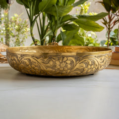 Brass Finish Urli Bowl with Floral Embossed Design