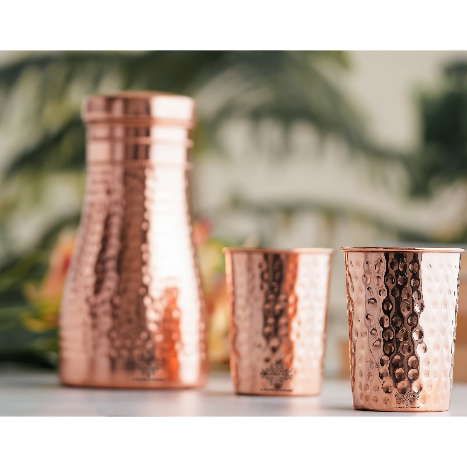 Pure Copper Drinkware Gift Set – Hammered Design, Water Bottle (900 ML) & 2 Glasses (275 ML) Set