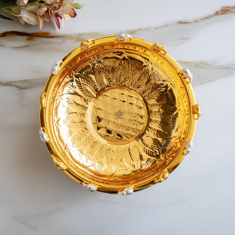 Gold and Sliver Two-Tone Brass Urli with Elephant Design Legs - 7400 ML