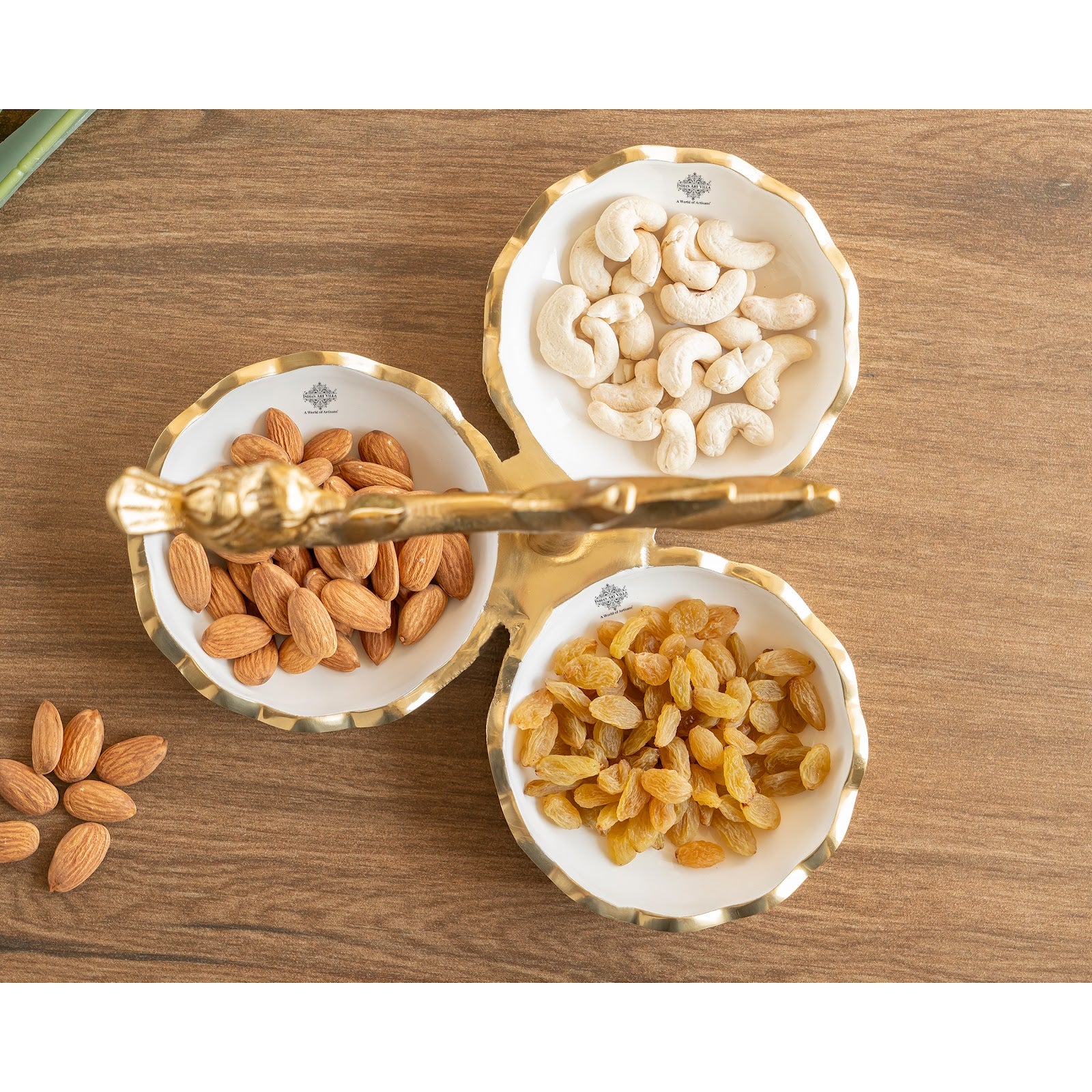 Brass Finish Decorative Dry Fruit Bowl with Bird Design – 3 Components, 170 ML