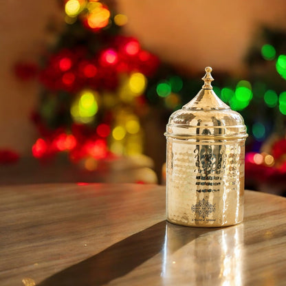 Brass Hammered Storage Container with Lid – 500 ML, Gold Finish Traditional Brass Jar, Dry Fruit, Sugar Storage Jar & Decorative Brass Box for Kitchen, Dining & Gifting