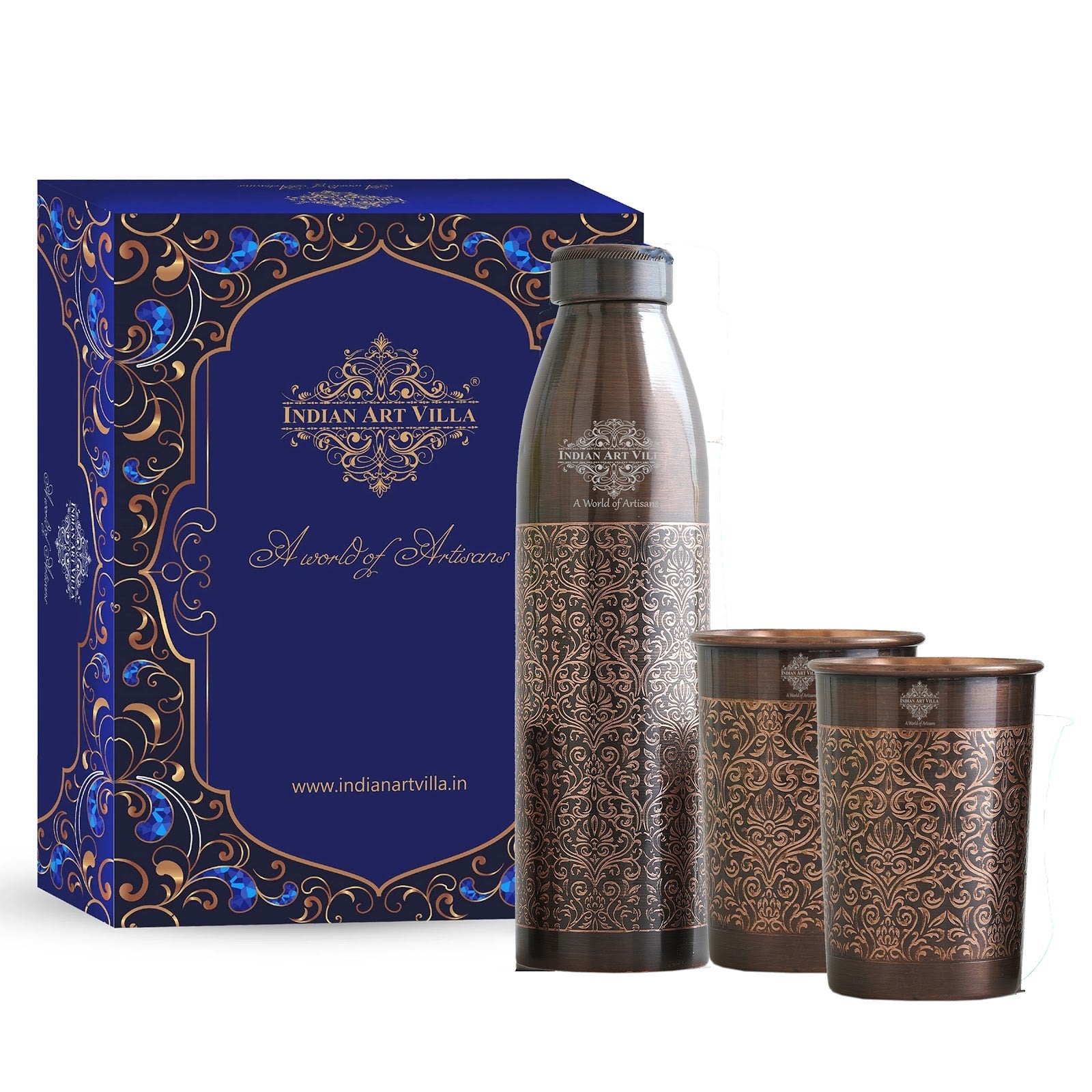 Pure Copper Antique Finished Embossed Design Bottle With Glass Set