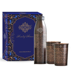 Pure Copper Antique Finished Embossed Design Bottle With Glass Set