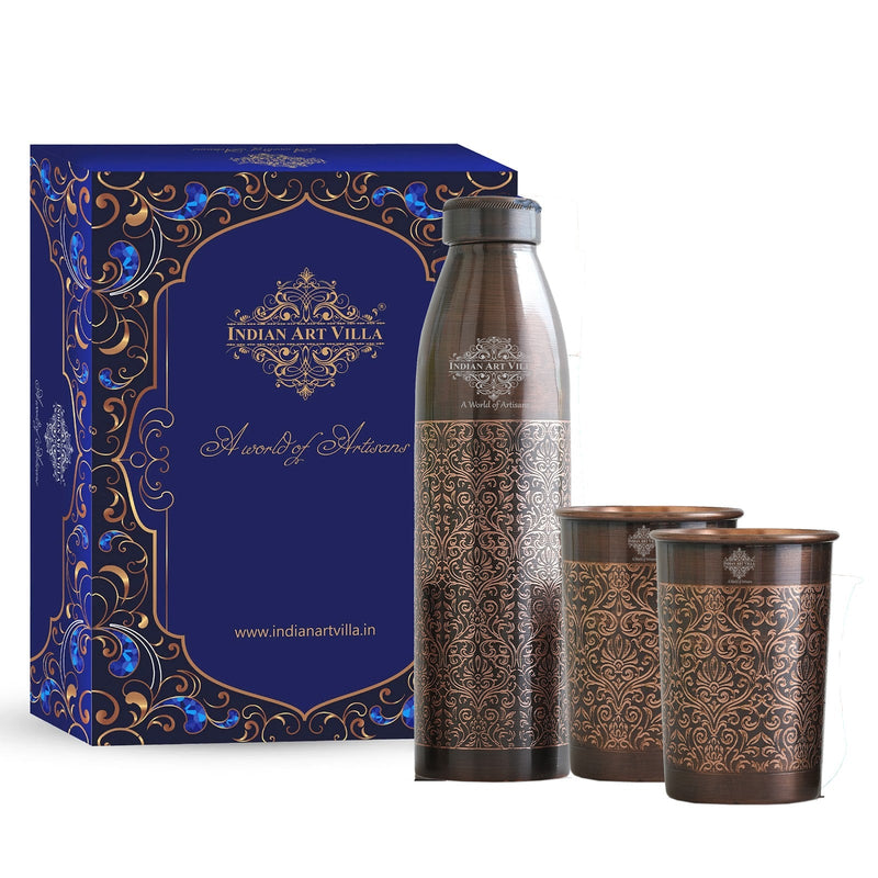 Pure Copper Antique Finished Embossed Design Bottle With Glass Set