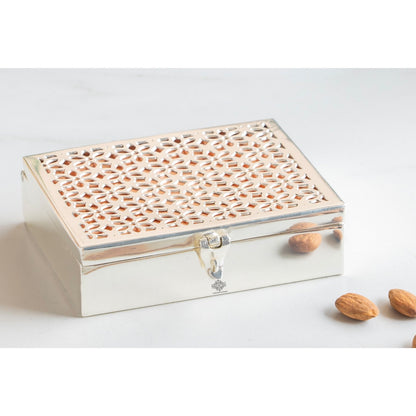 Silver Plated Multi-Purpose Box with Jali Cutting Design, Elegant Silver & Copper Finish