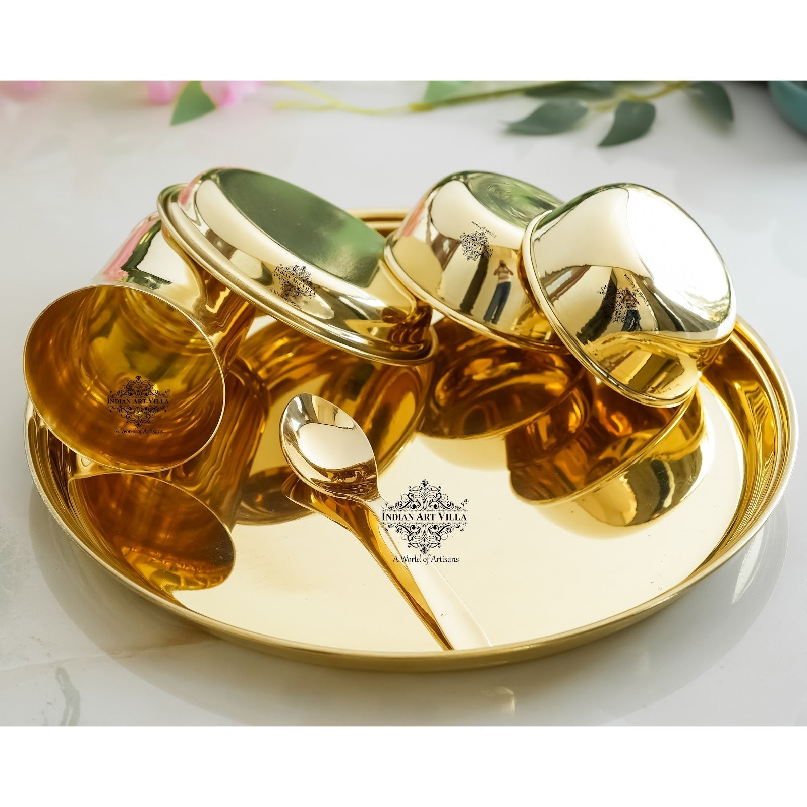 Pure Brass Matt Finish & Hammered 7 Pieces Dinner Set / Thali Set | DinnerWare |