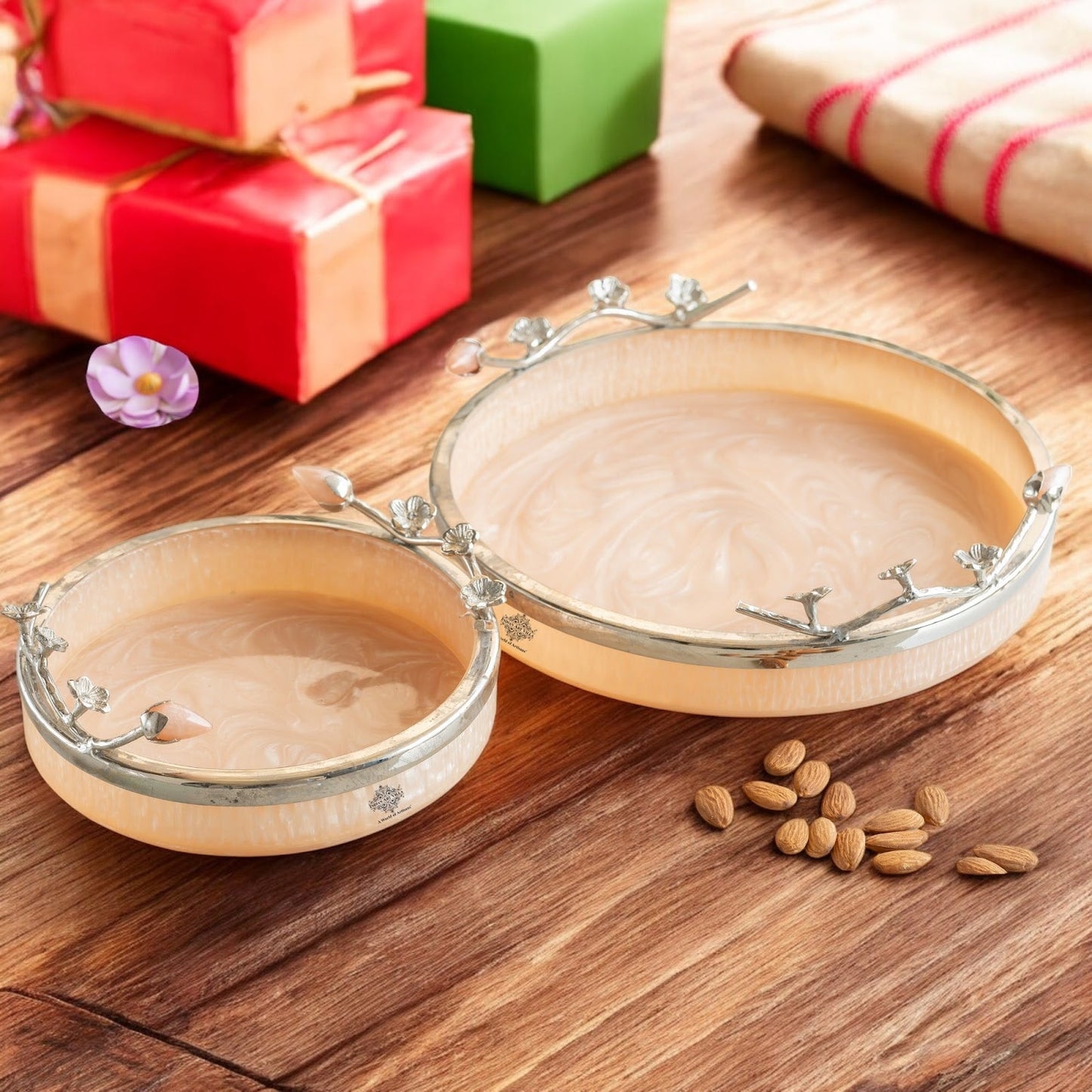 Silver Plated Resin Belgium Pink Decorative Tray, Festive Use, Gifting And Vanity Organizer