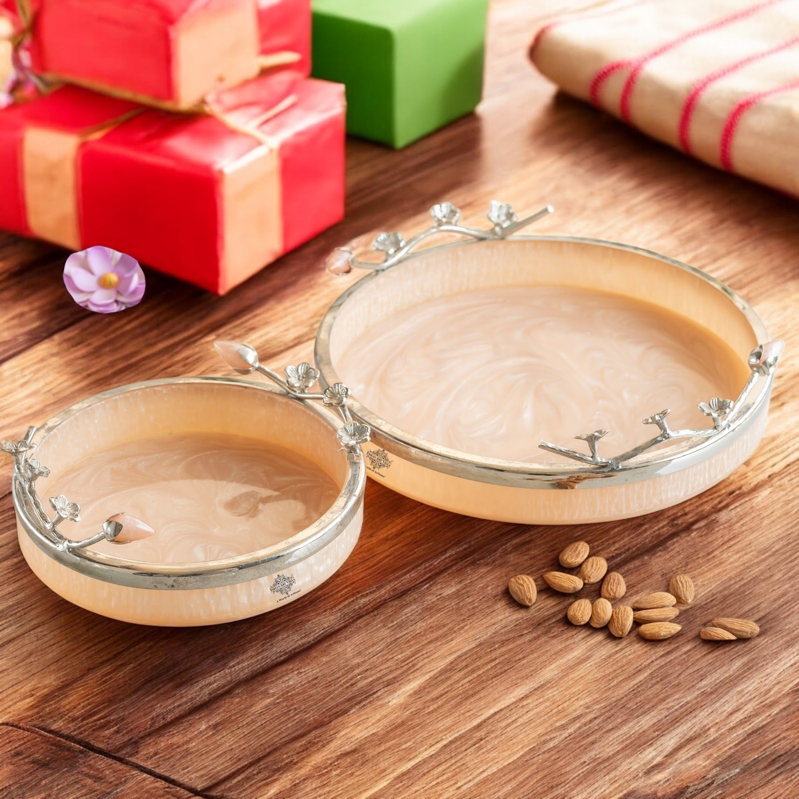 Silver Plated Resin Belgium Pink Decorative Tray, Festive Use, Gifting And Vanity Organizer