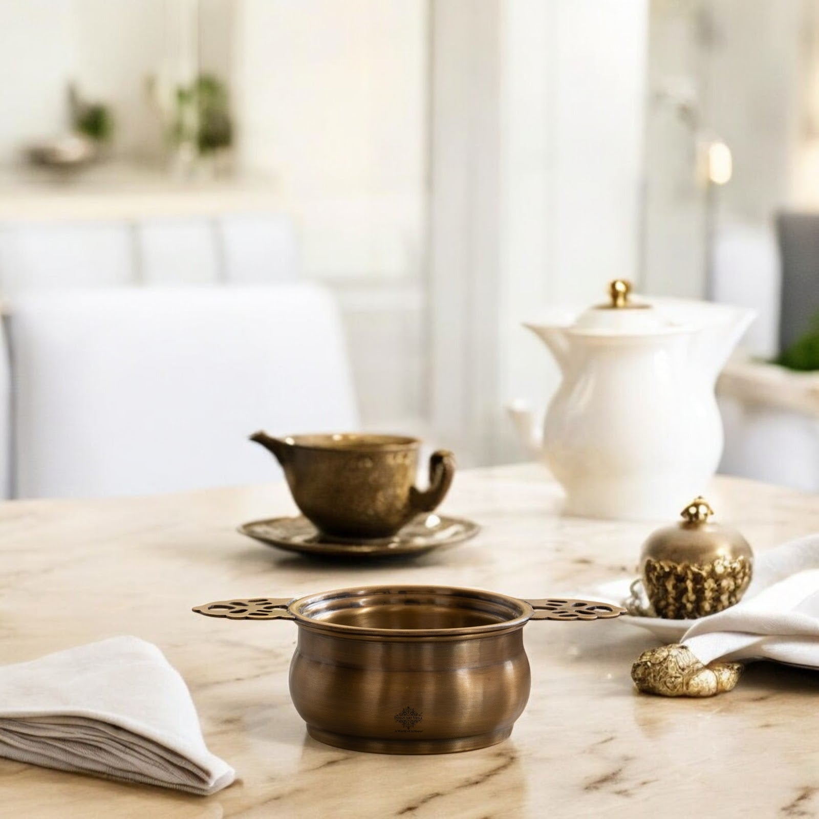 Brass Matt Finish Tea Infuser with Bowl Elegant Chai Chalani