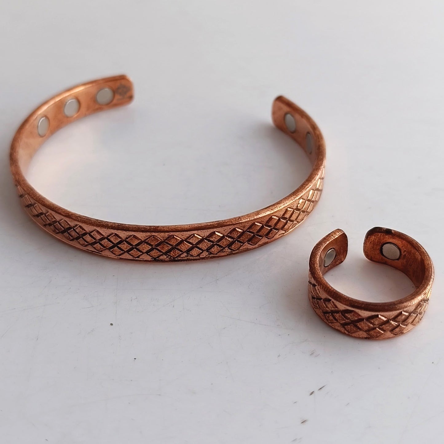 Pure Copper Diamond Design Bangle with Magnet & Matching Ring