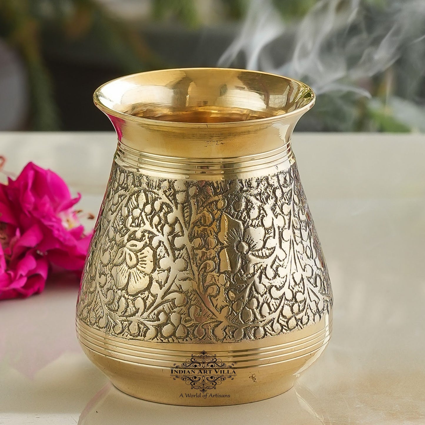 Pure Brass Glass Parsi Lota Embossed Design, Spiritual Item